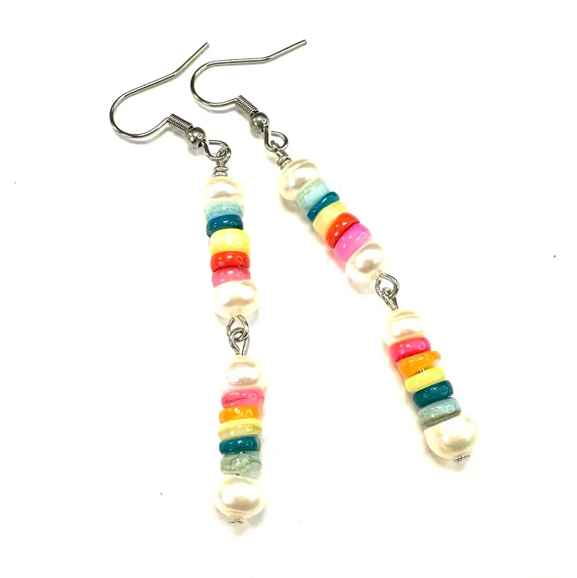 Rainbow Shell Freshwater Pearl Beaded Handmade Dangle Earrings Silver Tone 2.25”L Made By Me