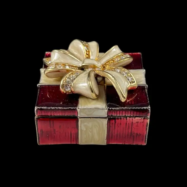 Monet Enamel Present Magnetic Trinket Box (2), Monet Collectible Box Gift With Rhinestones, Enamel Monet Keepsake Box, Red Present Trinket Box, Christmas Present Trinket Box