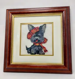 ✅Vintage Scottish Terrier Petit Point Plaid Embroidery Scotty Dog Framed Picture
