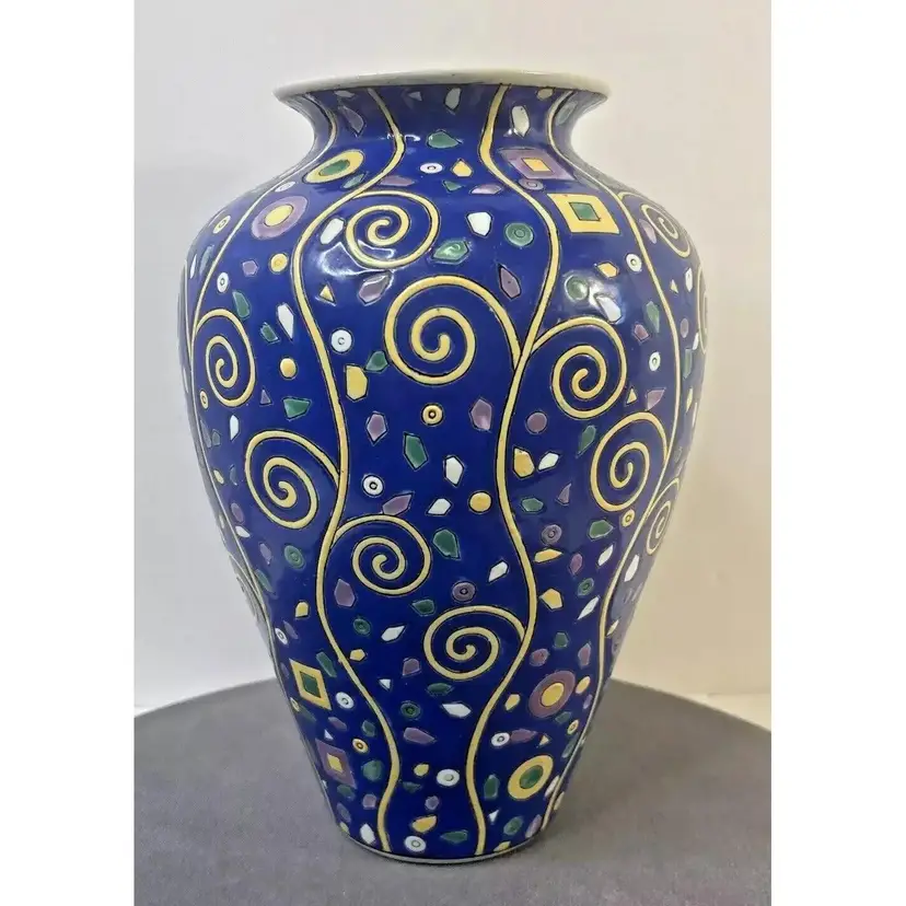 Vintage Pottery Barn Chinese Multicolor Blue & Yellow Geometric Porcelain Vase