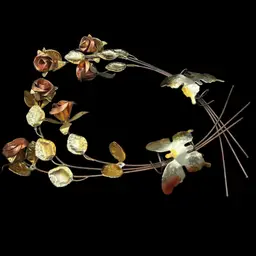 #267A Vintage Pair Of Copper And Brass Metal Curved Long Stem Roses With Butterflies Wall Decor