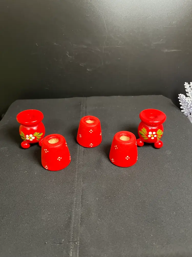 Pair of Swedish Folk Art Red Daisy Candle Holders & 3 Red w/ Dots Small Wooden Candle Holders-Lot 57