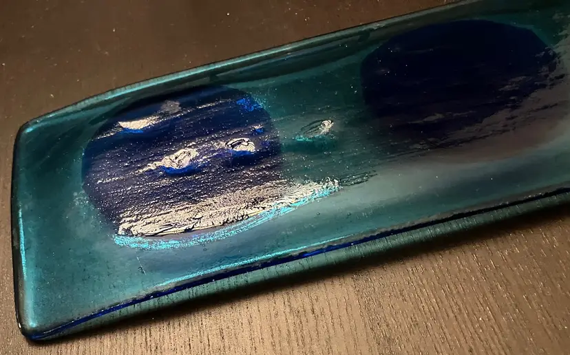 Art Fused Glass Blue Circles Pattern Rectangle Serving Platter Tray Signed