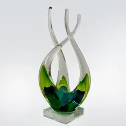 Abstract Art Glass Sculpture 10 5/8” Green Blue Clear 
 READ
