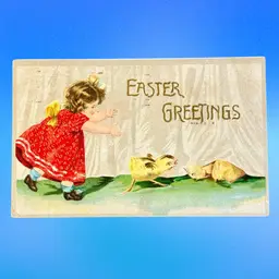 #20 Antique Easter Postcard Little Girl in Red Dress Chases Baby Chicks, Posted