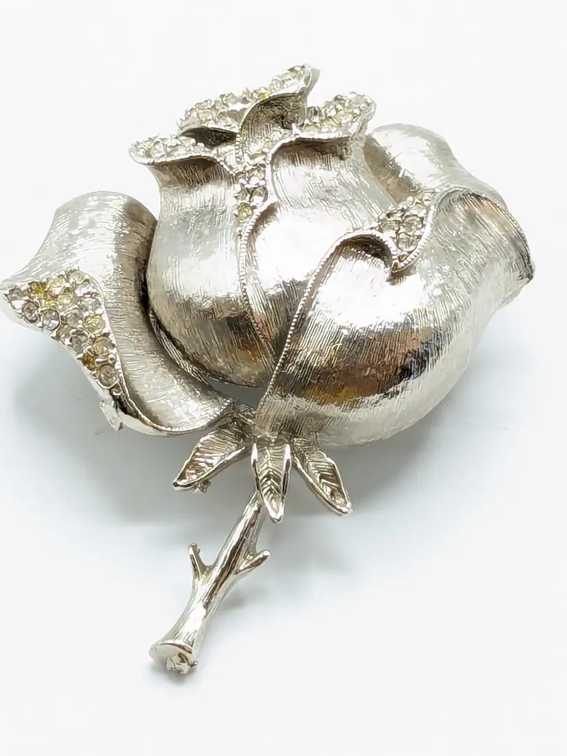 Vintage Piscitelli Rose Rhinestone Brooch Pin Silver Tone Signed