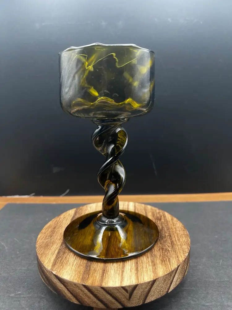 #894B Vintage MCM Empoli Optic Olive Green Art Glass Twisted Stem Italian Candle Holder