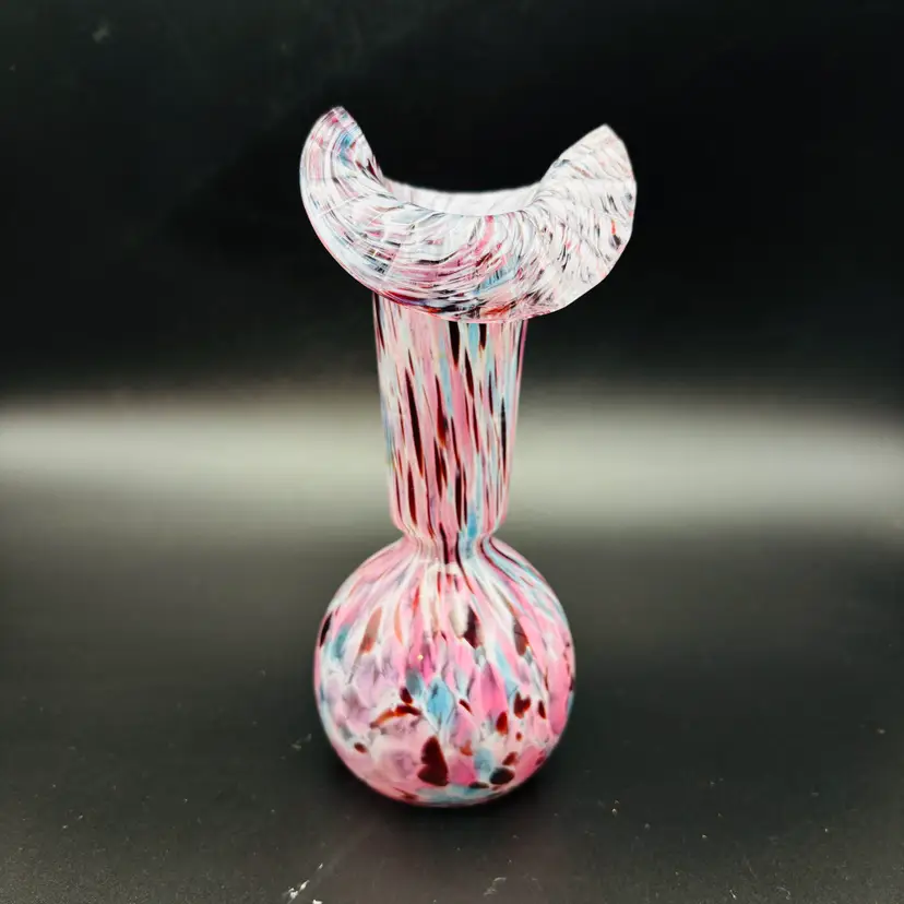 Art Glass Hand Blown End of Day Pink Purple Blue Ruffled Bulbous Vase Decorative
