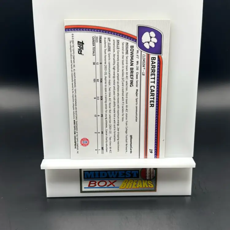 Barrett Carter 1st 28/75 Yellow 2024 Bowman University Chrome Sapphire Clemson MBBCRD