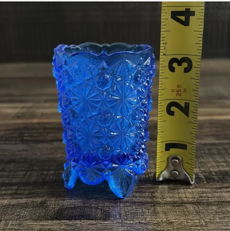 Vintage Blue Daisy Button Glass Toothpick Holder