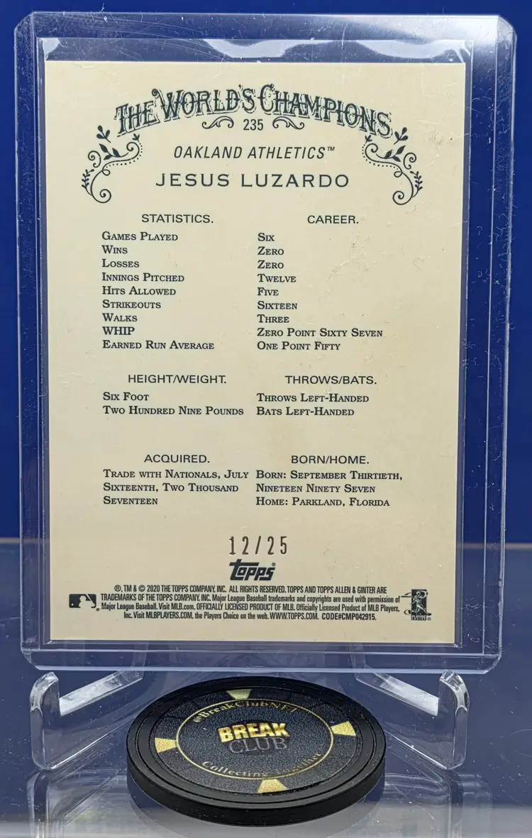 Jesus Luzardo 2020 Allen & Ginter Chrome Orange Refractor Rookie RC 12/25 #235 Philadelphia Phillies