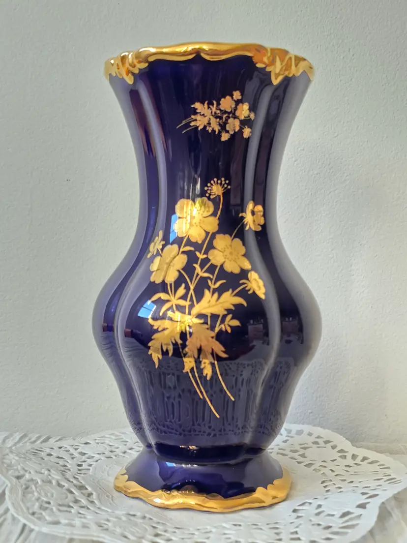Vintage Italian Cobalt Blue Vase • Hand‑Painted Gold Floral • Creazioni B.C. • Dipinto a Mano Decor