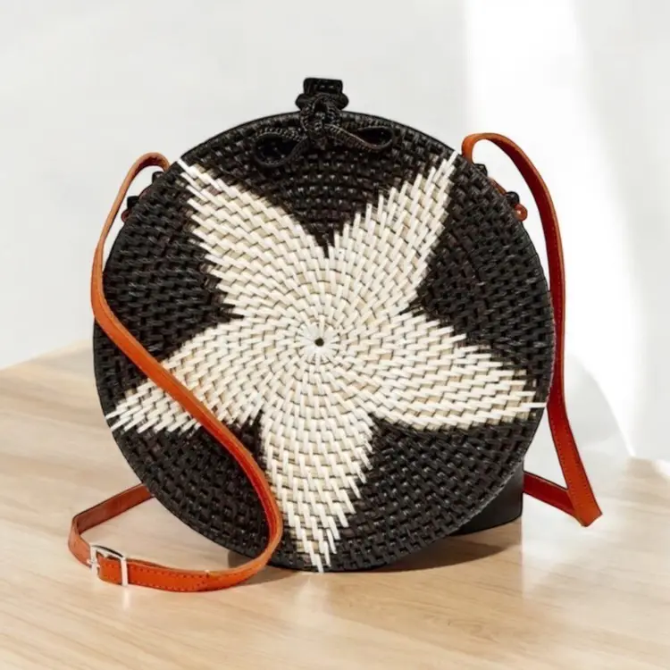 Circular Rattan Bali Bag Handmade Leather Straps