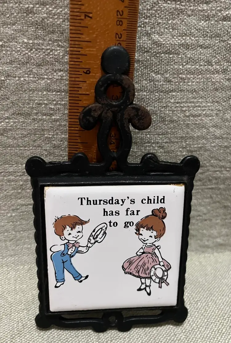 Vtg Cast Iron Ceramic Trivet Thursday’s Child Has Far To Go Wall Art MCM 70s 80s