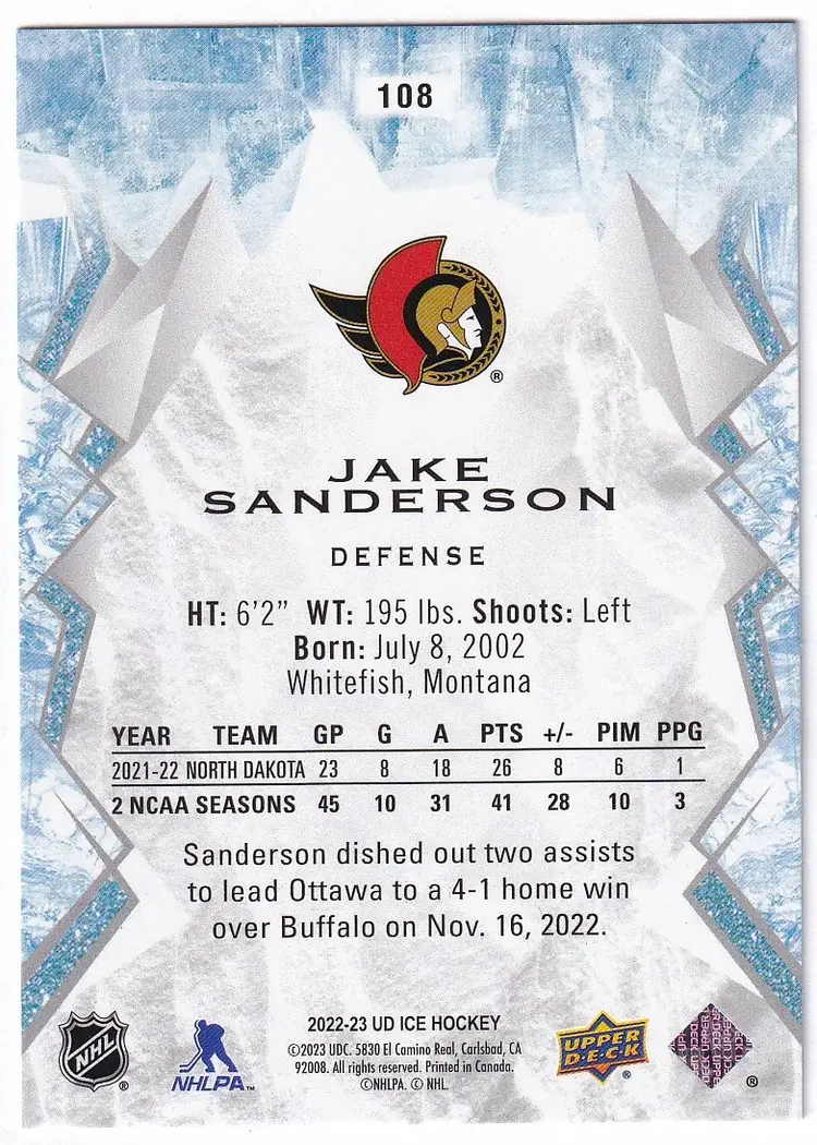 2022-23 Upper Deck Ice #108 Jake Sanderson RC Ottawa Senators Hockey Card