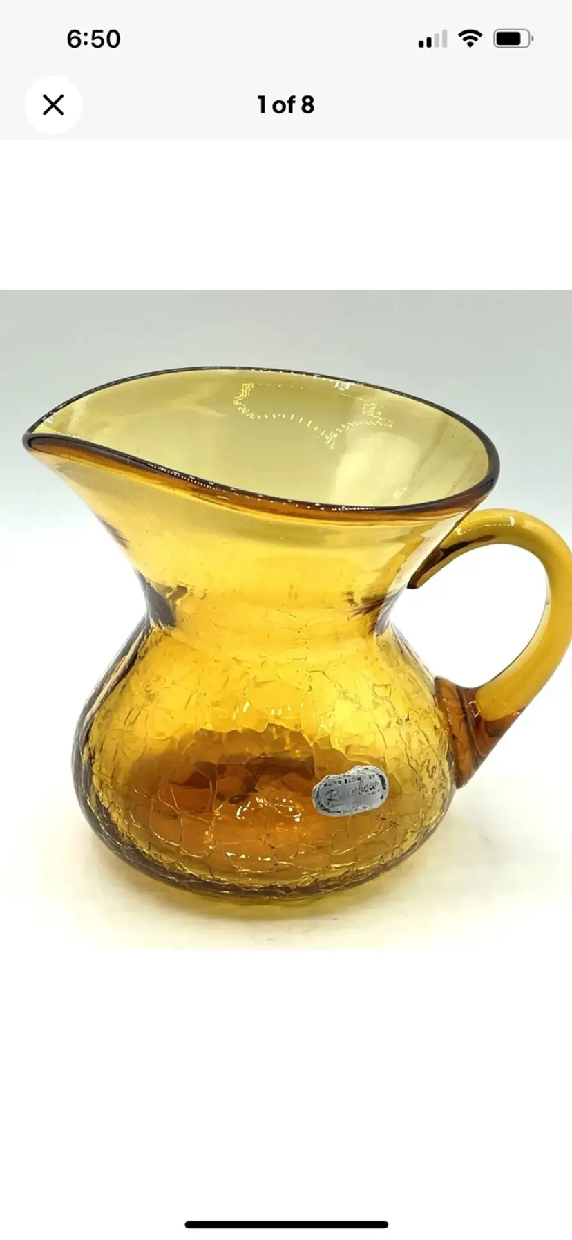 Vintage Rainbow Crackle Glass Pitcher Hand Blown MCM With Sticker 4.25” Tall
