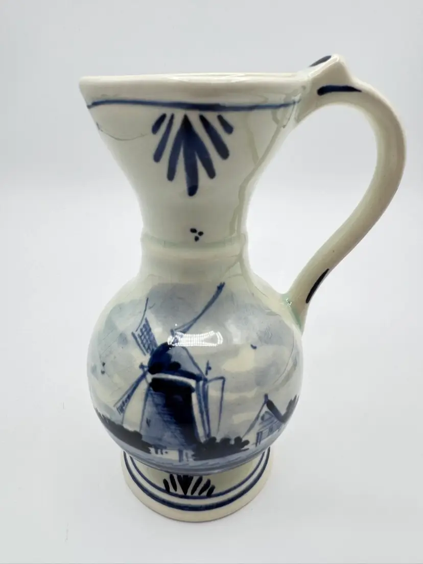 #17. Vintage Delft Blue 49 Small Creamer Pitcher Vase Holland Handpainted Windmill & House 5.5” Height