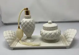 Quilted Pattern Vanity Set (Tray 12” Long 4” Wide 2 1/2” Tall Atomizer Perfume Bottle 6” Tall 2 1/2” Wide Powder Box/Trinket Dish 4” Tall 2 1/2” Wide)