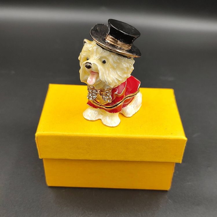 Maltese Dog With Tux And Top Hat Enameled Trinket Box
