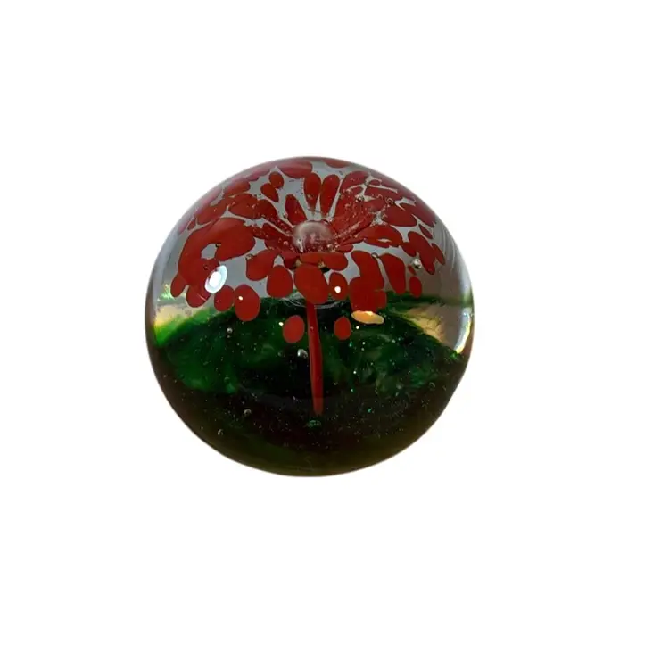 Peacock Glassworks Stamped Magnum Christmas Flower Paperweight - Red Flower Shimmery Bubbly Green Base - 4.5”