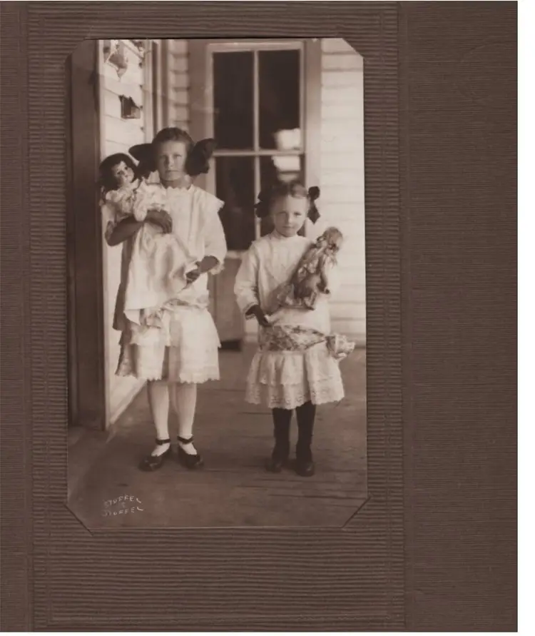 Antique Photo Sisters Holding Dolls Circa 1900-1915 Taken At Home