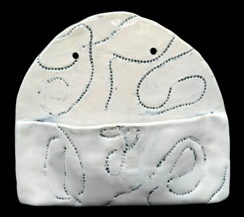 Handmade Studio Art Pottery Wall Pocket Vase White Dotted Squiggle Abstract 7β