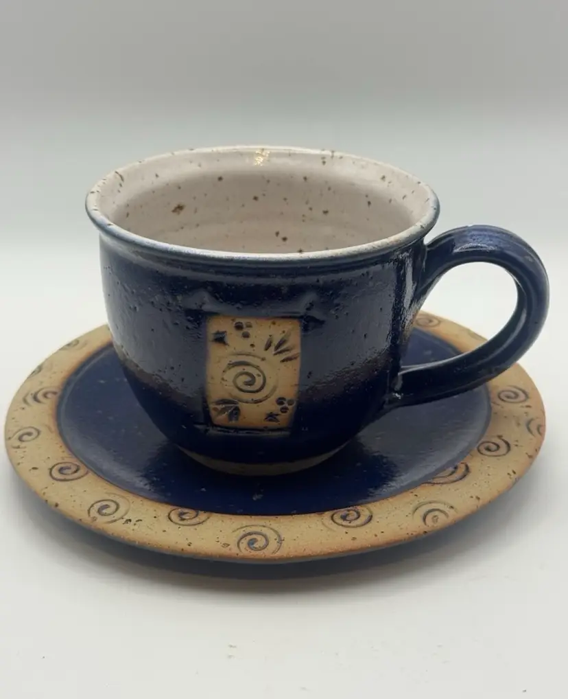 Pottery Cup And Saucer, Speckled Interior. 6-8oz