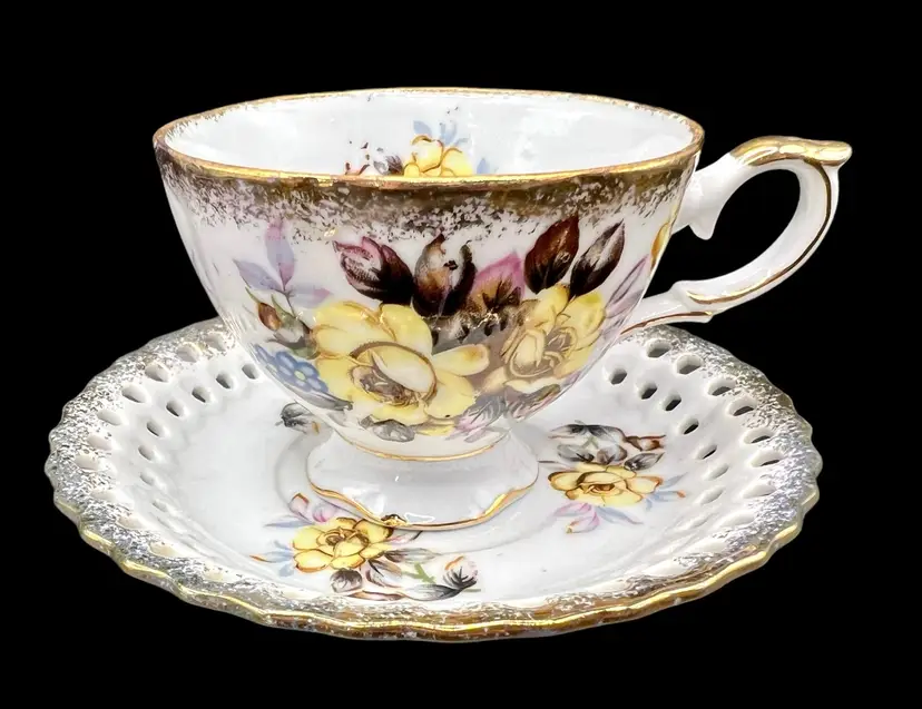 Vintage Ucagco Japan Tea Cup Saucer Set Gilded Floral Yellow Purple Reticulated