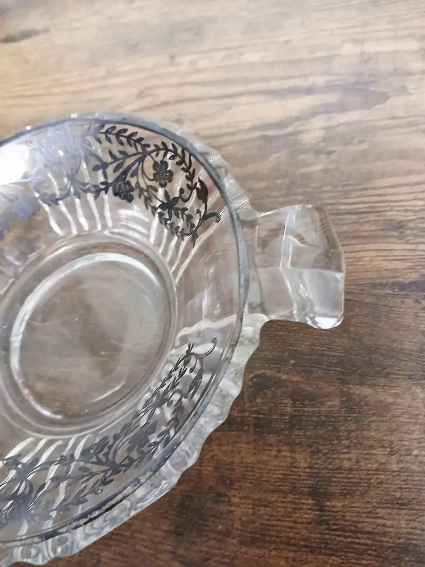 Vintage Clear Glass Dish, Black Floral Overlay, 1960s