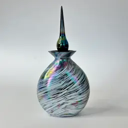 Vintage Iridescent White Black Swirl Art Glass Perfume Bottle with Stopper