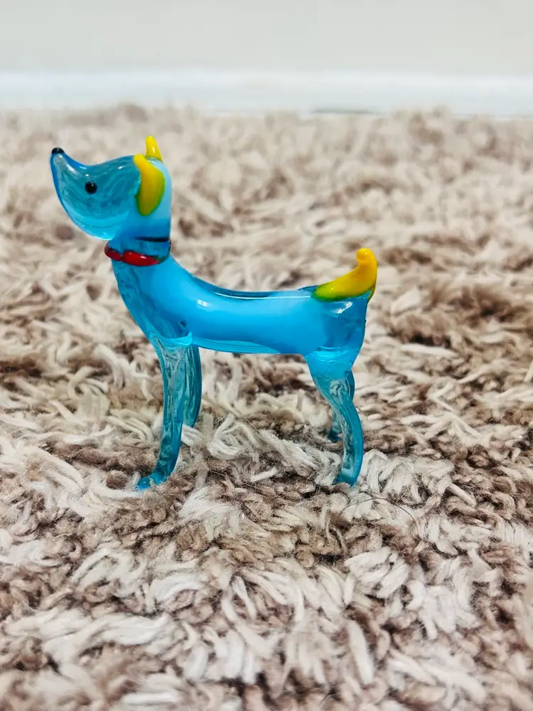 Vintage  Blue Glass Dog Figurine Hand Blown  2” Lx 3” T  Very Cute