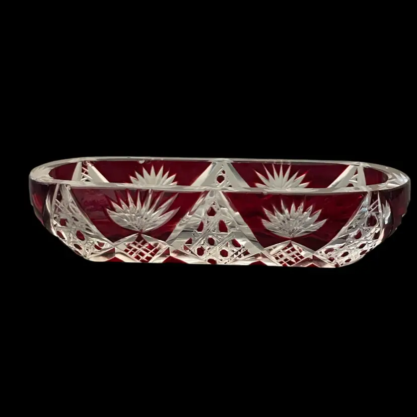 Bohemian Red Cut To Clear Glass Small Dish 3”