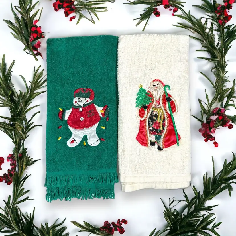 Vintage Embroidery Christmas Hand Towels 2 Set Pair Santa Snowman Appliqué READ