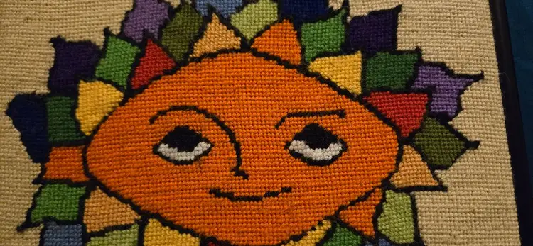 Vintage Cross Stitch Sun Colorful Framed  8X10