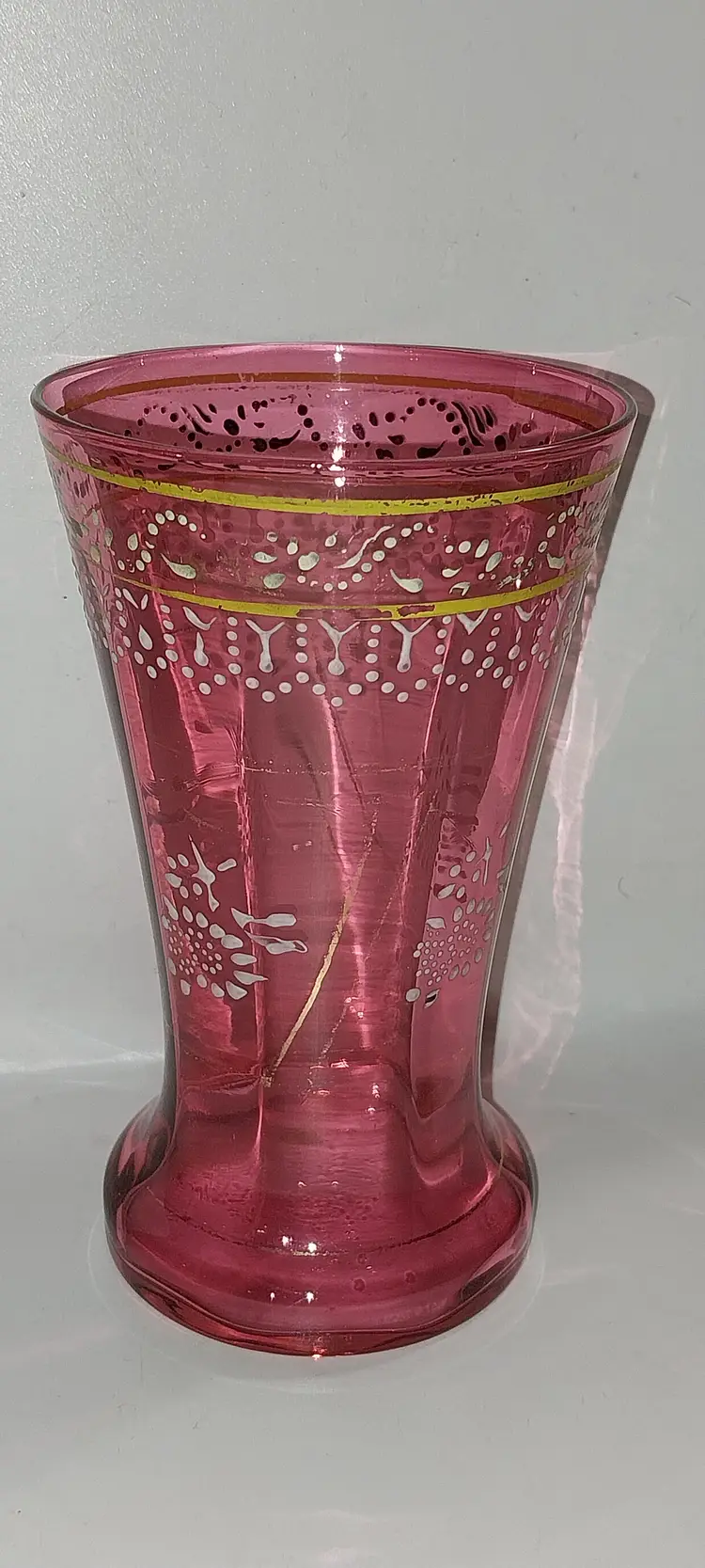 Bohemian Antique Victorian Cranberry Optic Panel Glass Vase With Gold & White Enamel Decor