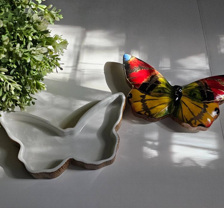 Anthropologie Ceramic Butterfly Trinket Box Vibrant Colors with Gold Accents