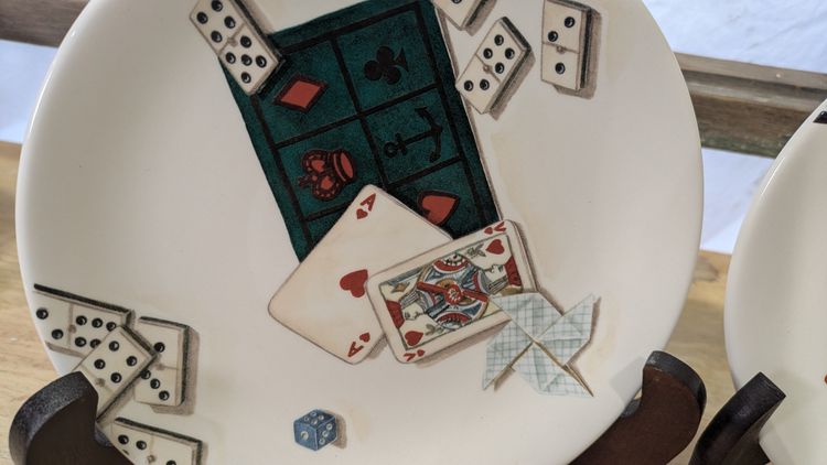 2 Gien France Faience Plates Cards Dice Dominos Chess Games Jeux RARE saucer