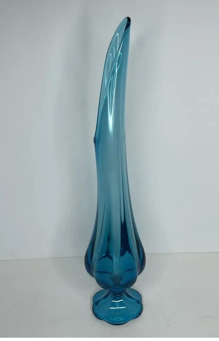 Mid Century Modern LE Smith Swung Stretch Glass Pedestal Vase Aqua Blue 20” MCM
