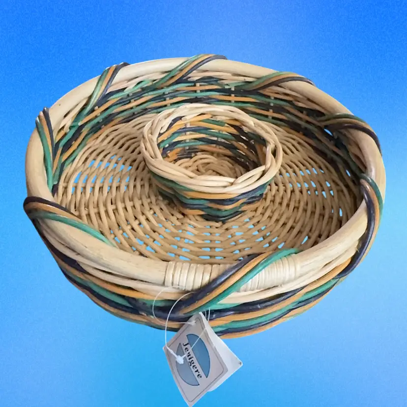 Vintage Wicker Chip & Dip Basket Aqua Blue Tan Rattan Tray