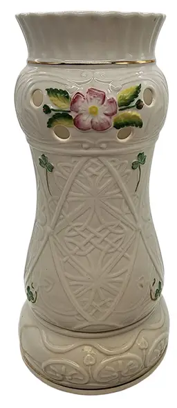 Belleek Ireland Celtic Rose & Shamrock Globe Hurricane Lamp Porcelain Cream 2-pc