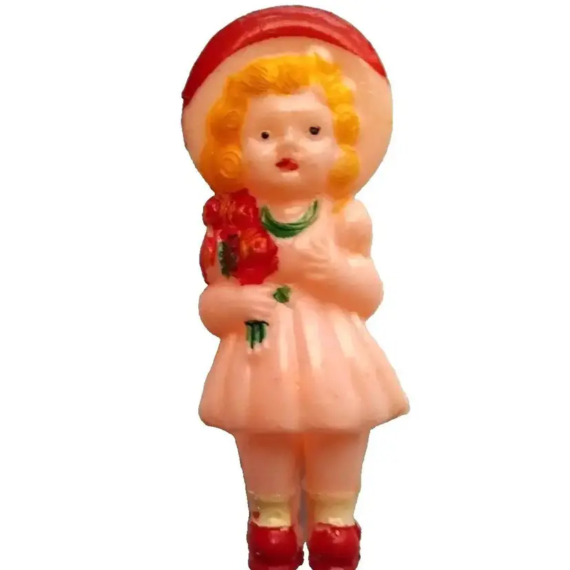 Toy Doll Rattle Retro Hard Plastic Hand Painted Pink Body Blonde Girl 3.25"