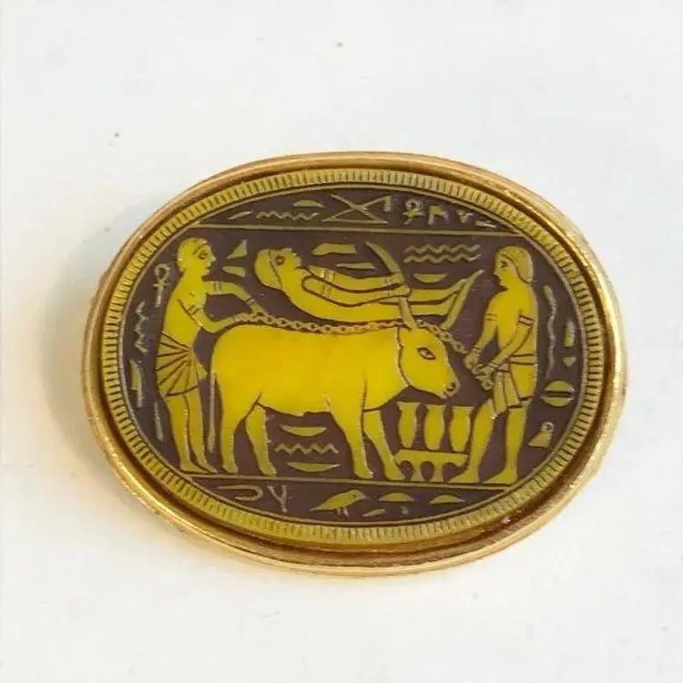 Vintage Egyptian Revival Hieroglyphs Ox Figural Carved Oval Yellow Brooch Pi