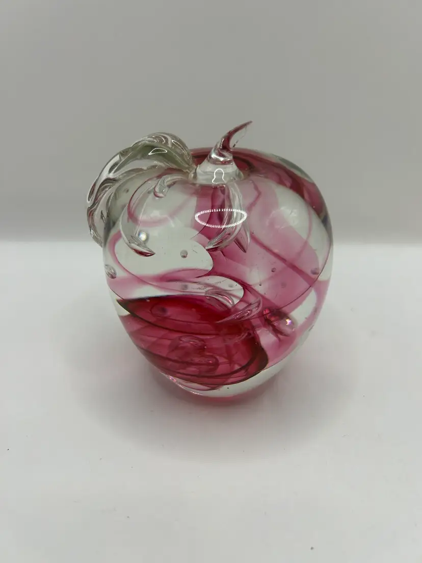 Clear Glass Apple Paperweight W/ Cranberry Swirls Some Imperfections On The Bottom And Sm Chip On Stem