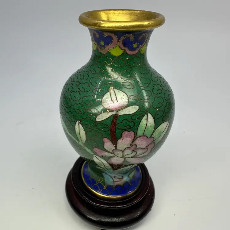 Cloisonné Green Floral Vase On Wooden Stand