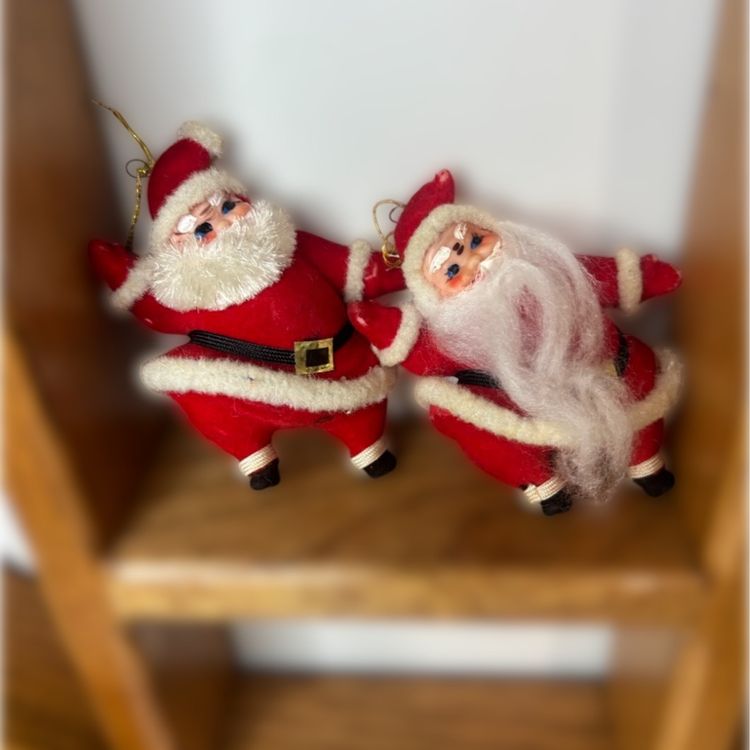 Dancing Flocked Santas Set Of 2 Japan Vintage Decor Or Ornaments
