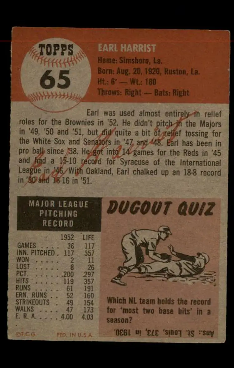 1953 Topps #65 Earl Harrist - (pk-tl1) - St. Louis Browns