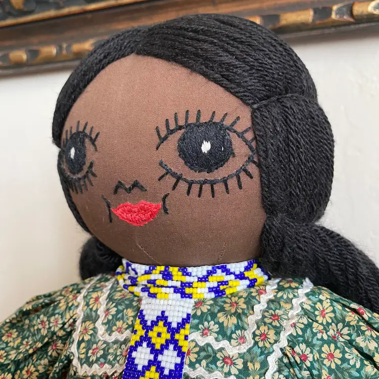 18" Folk Art Native American Dark Skin Ragdoll Moccasins Prairie Dress