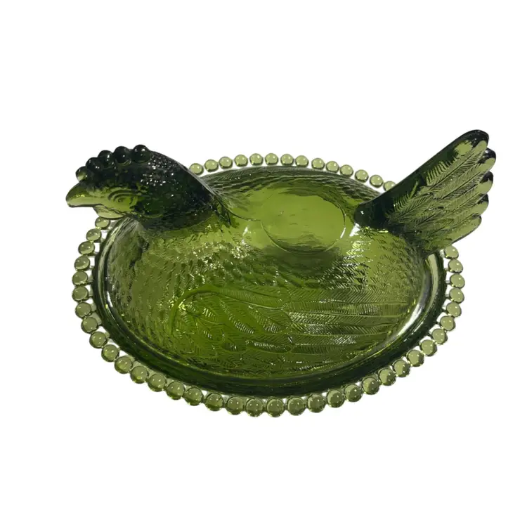 *(Read)Vintage Indiana Glass Olive Green Hen on Nest with Beaded Edge | 7" *(Read)