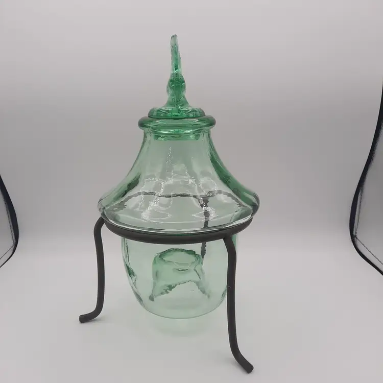Vintage Bee Wasp Catcher Green Glass with Bee Stopper Iron Stand