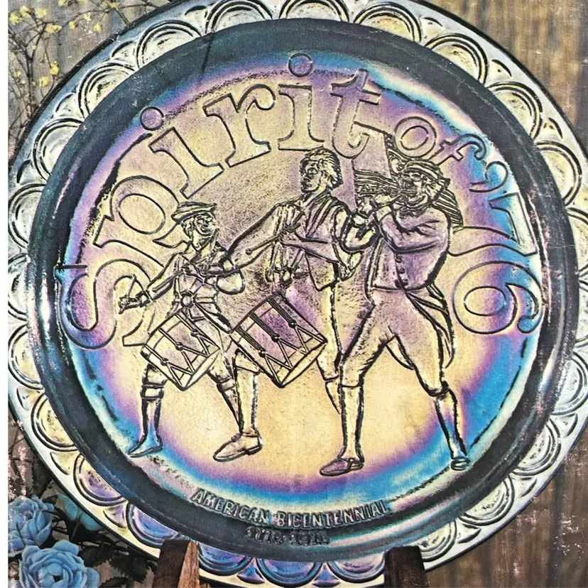 14.5 Bicentennial- Spirit of ’76 -Blue Carnival Glass -Commemorative Plate – Indiana Glass – Original Box